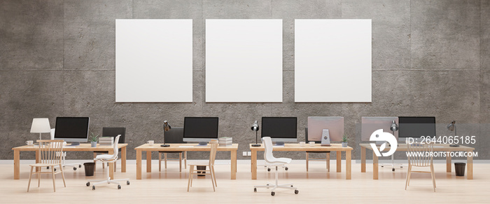 Modern office with computers mockup. Black screen. 3d illustration