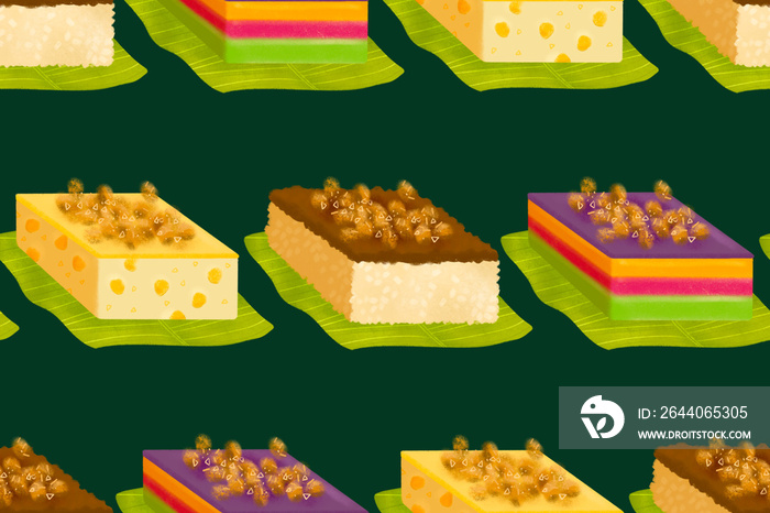 Filipino biko, sapin-sapin, and maja mais rice cake slices on banana leaves on dark green background