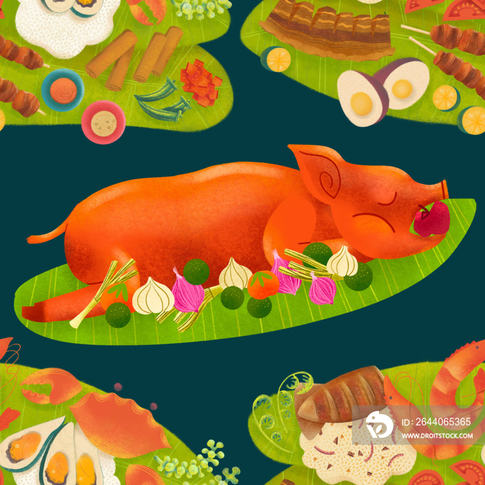 Filipino lechon roasted pig and boodle fight food spread on banana leaves on dark green background i