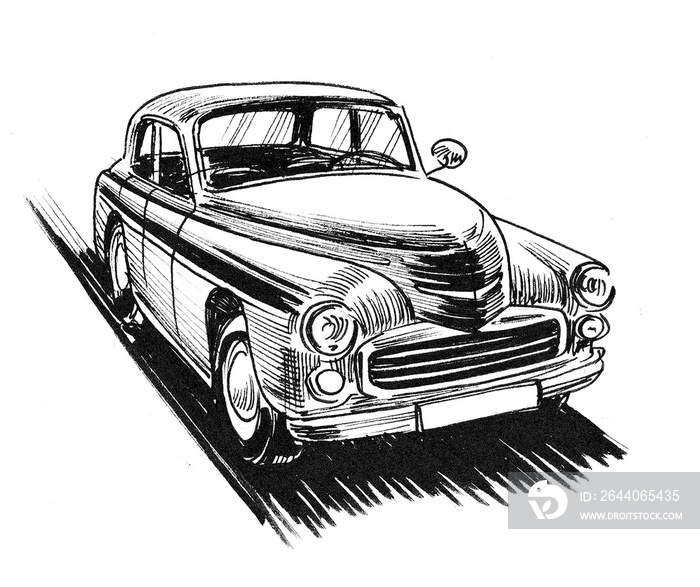 Ink black and white drawing of a vintage car