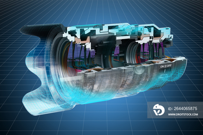 Visualization 3d cad model of Camera lens, blueprint. 3D rendering