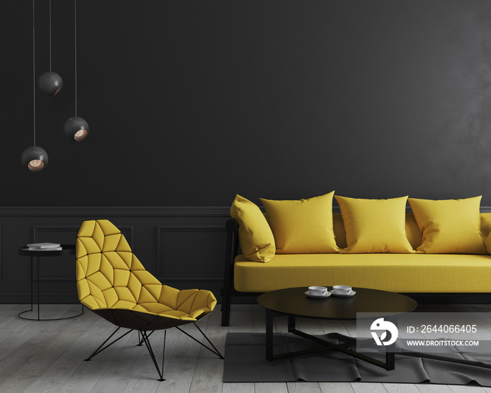 Modern room interior background with black wall and stylish yellow sofa and design armchair near cof