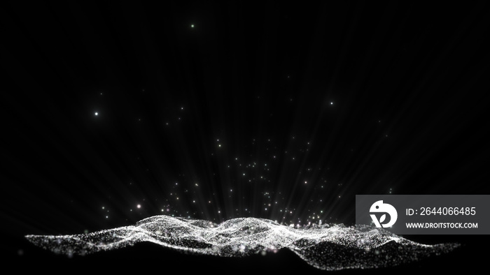 Black and white Glitter light particles and shine light ray beam abstract black isolated background 