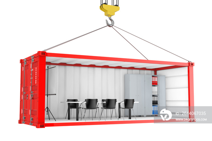 Red Cargo Shipping Container with Removed Side Wall Converted into an Office During Transportation w