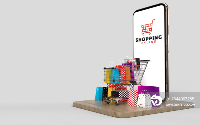 Shopping cart, shopping bags, And the product box and the Phone Which is an online shop store intern