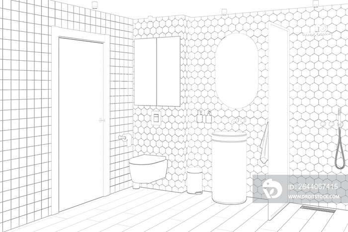 Sketch of the bathroom interior with partition shower, towel, trash can, dispenser next to the oval 