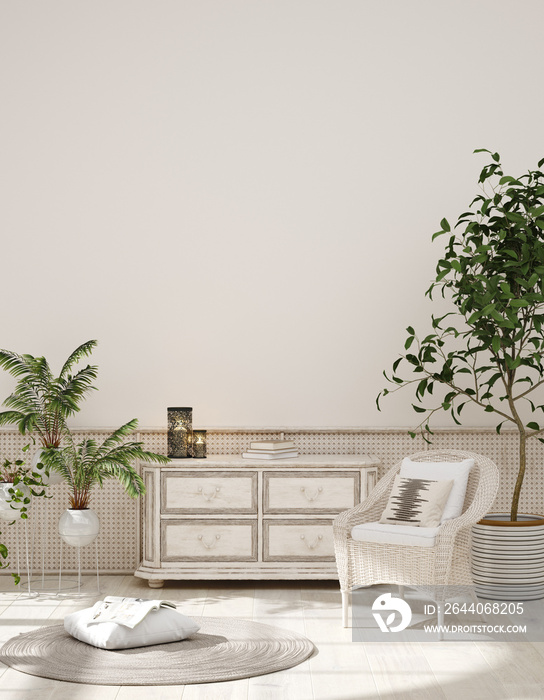 室内背景，米色房间，柳条家具，斯堪的纳维亚风格，3d渲染