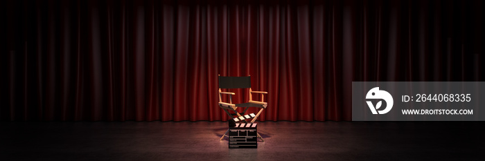 Video, movie, cinema concept. Directors chair and movie clapper. 3d rendering