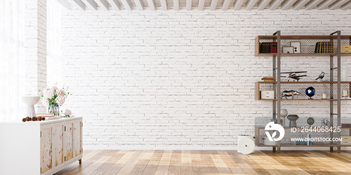 Wall mock up in white simple interior with shelf and sideboard, 3d render