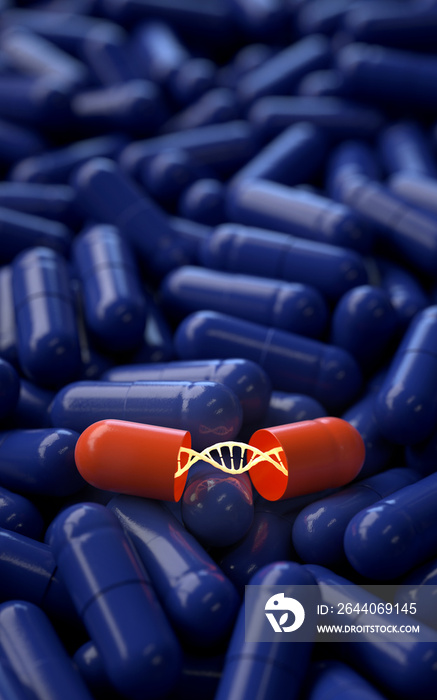 带有DNA分子的医用胶囊，三维渲染，概念图像。