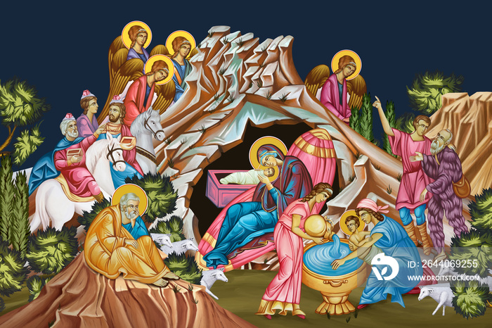 Jesus birth. Christmas religious illustration - fresco in Byzantine style