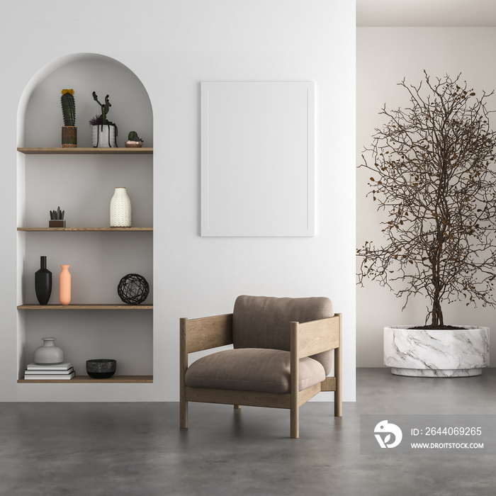 Canvas mockup in minimalist interior background with armchair and rustic decor.Front view. 3d render