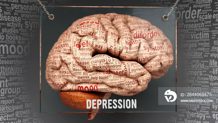 Depression anatomy - its causes and effects projected on a human brain revealing Depression complexi