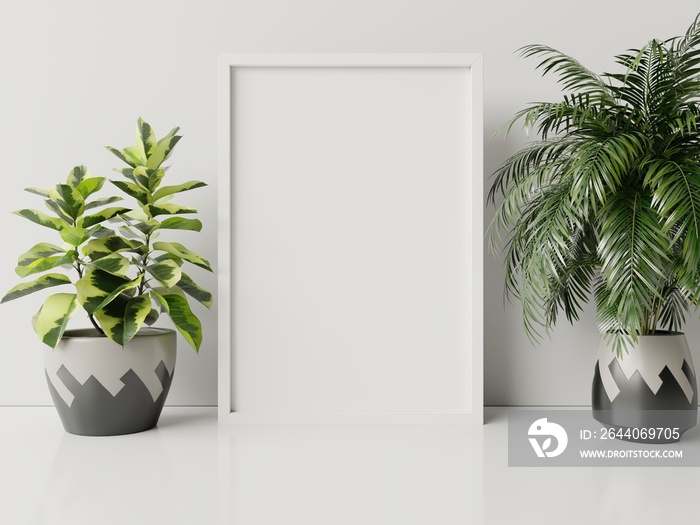 Interior poster mock up with plant pot,flower in room with white wall.