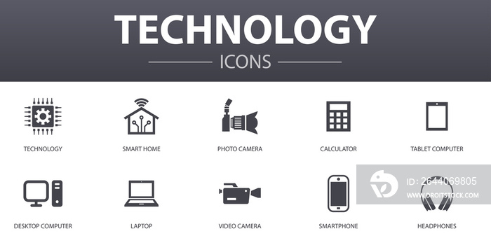 Technology simple concept icons set. Contains such icons as smart home, photo camera, tablet compute