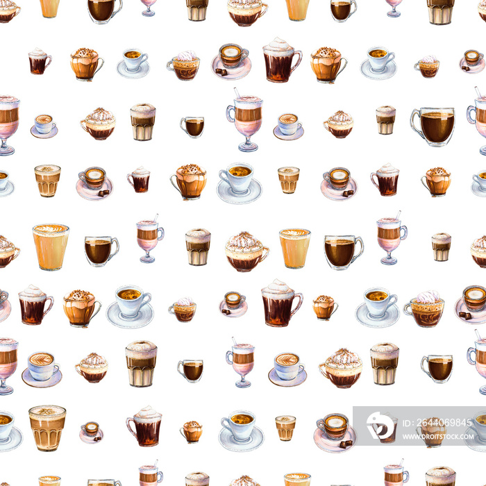 Seamless pattern with different coffee drinks on white background. Illustration of espresso, latte a