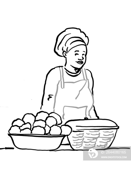 An Illustration of of a woman selling scones and amagwinya