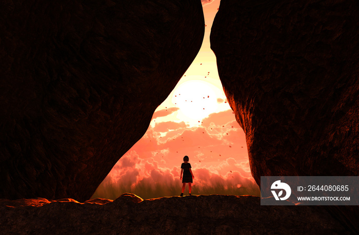 Girl walking to the light and exit the cave,3d illustration