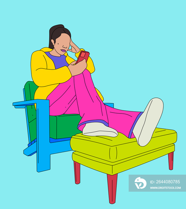 Worried girl texting on a chair with her legs up on a blue background