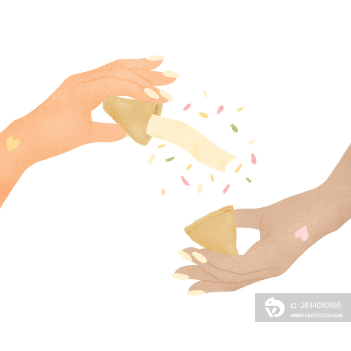 multi ethnic hands sharing a fortune cookie on transparent background