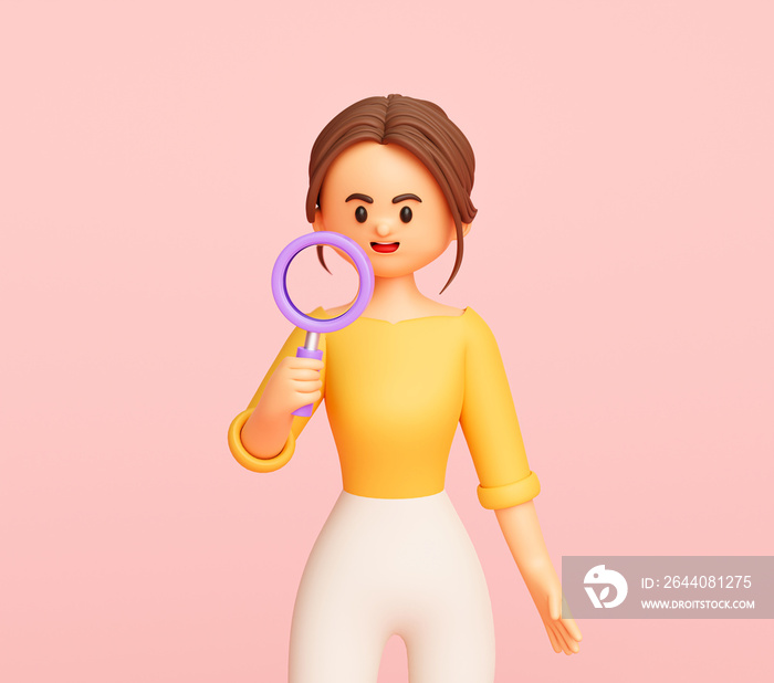 Young Businesswoman holding a magnifying glass cartoon character on pink background 3d illustration 