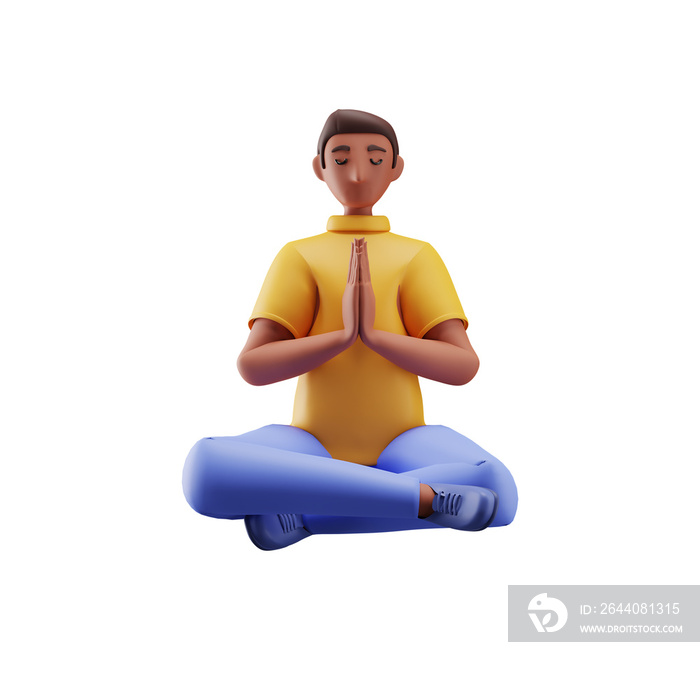 3D年轻人坐着做Namaste。