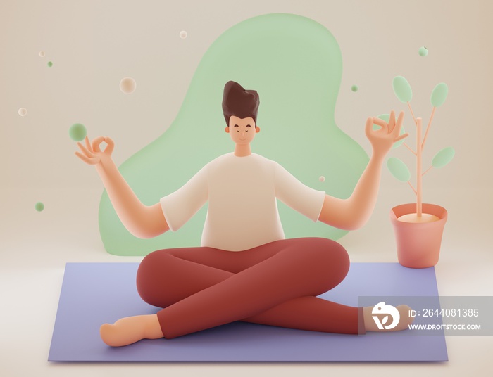 Yoga et bien être, illustration 3D dun homme en posture de méditation