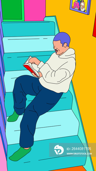 Boy with buzz cut sitting on the stairs reading a book