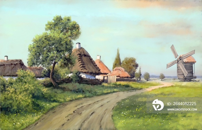 Oil paintings rural landscape, digital art, road, house in the old village. Fine art.