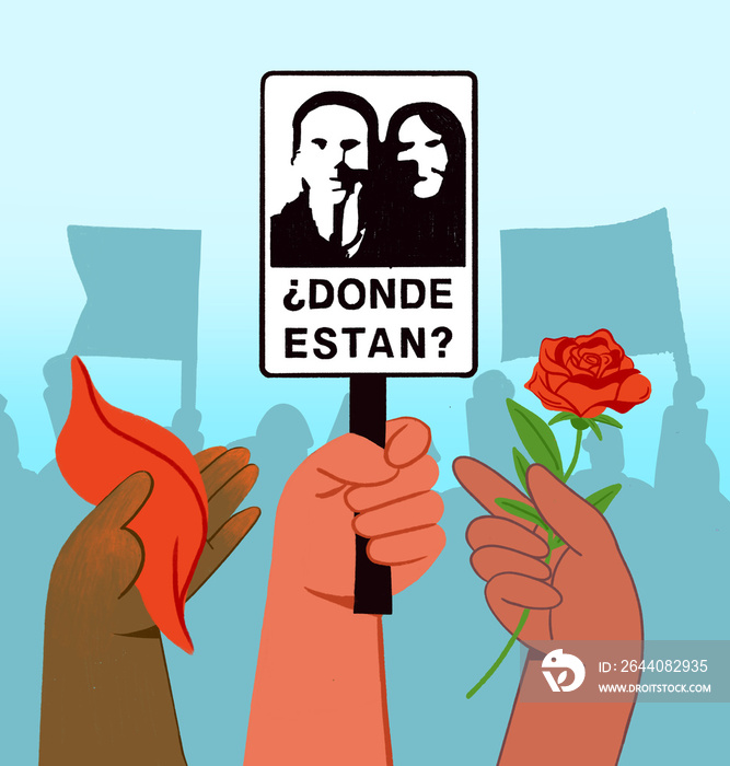 Marcha por los Detenidos Desaparecidos en Chile con un cartel de ¿Dónde están?