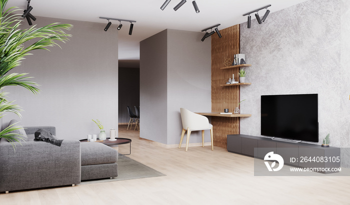 明亮的现代客厅，灰色沙发，木质强化木地板上的白色椅子。斯堪的纳维亚风格，舒适