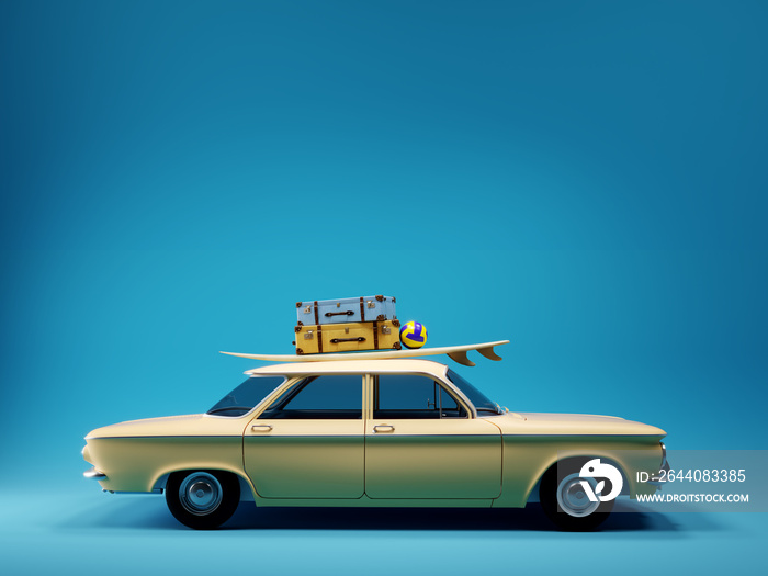 frontal view of the old timer car with surfboard and suitcases on top in front of the empty blue moc