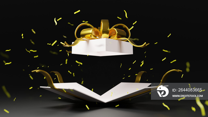 3d rendering white gift box bomb with gold ribbon, black Friday, Christmas, happy new year. Happy bi