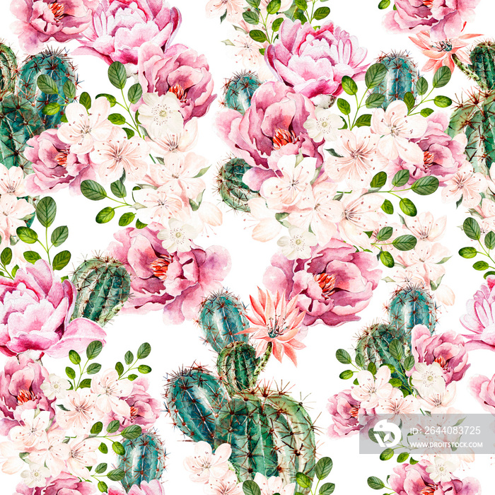 Beautiful watercolor bright pattern with peony and cuctus.