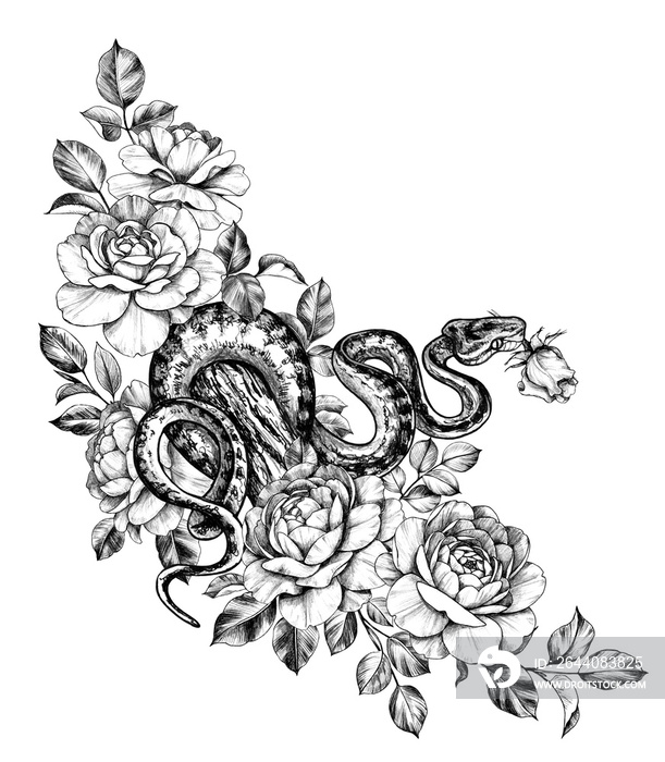 Hand Drawn Monochrome Creeping Python among Rose Flowers