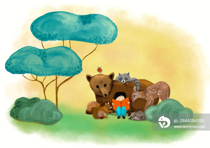一个男孩在绿色的林地里和可爱的熊一起阅读，想象着奇妙的故事和梦想-数码派