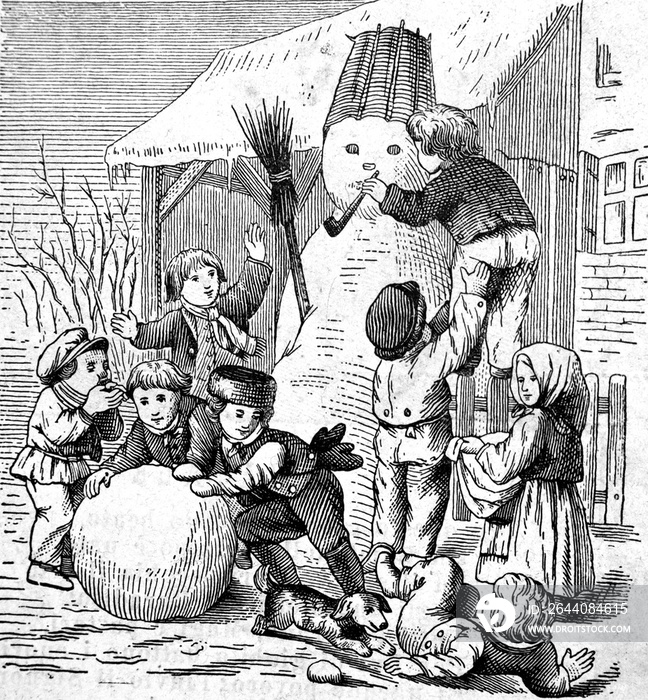 孩子们堆雪人-复古雕刻插图-1893