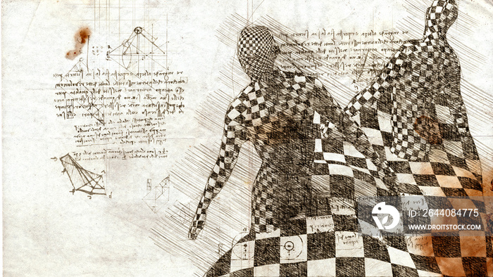 三维插图-莱昂纳多·达芬奇风格的工程图纸
