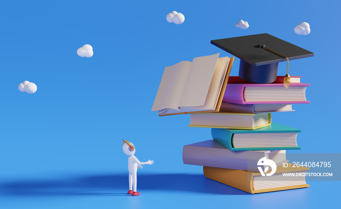 Stick man with book and graduation hat in blue background ,achieve goals and success concept ,3d ill