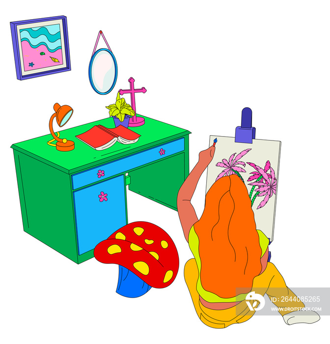 Girl with long wavy ginger hair painting in a bedroom with a desk and mushroom chair