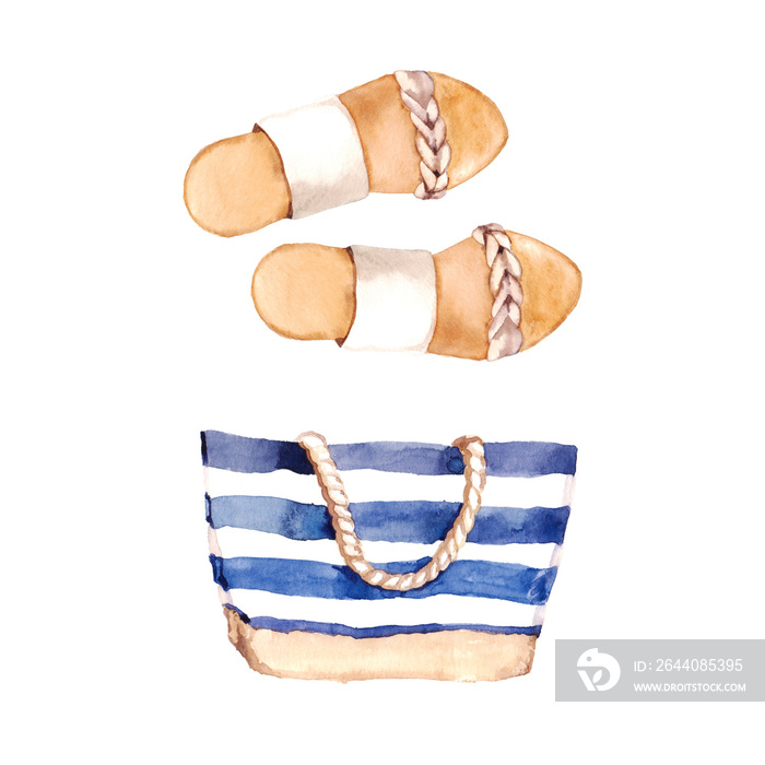 Watercolor hand drawn holiday beach fashion bag and sandals illustration set isolated on white backg