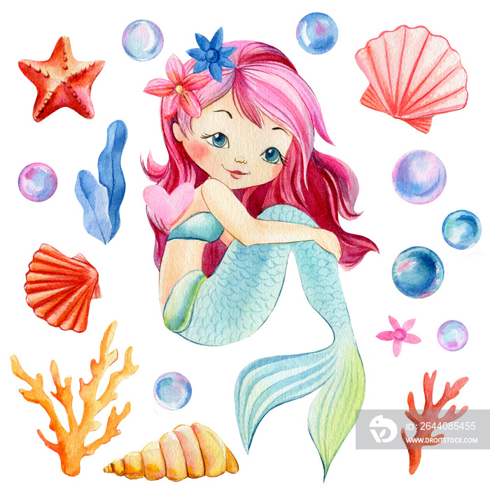 Mermaid, seashells, crown, bubbles, coral and pearl on an isolated white background. Watercolor draw