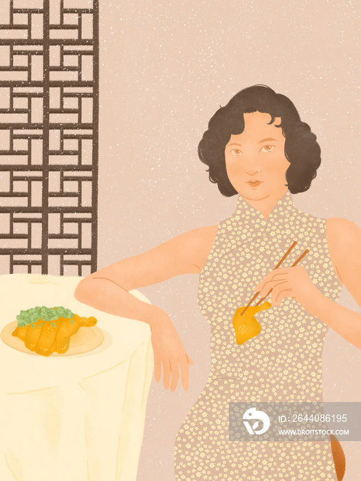 Asian woman having soy sauce chicken in traditional qipao costume