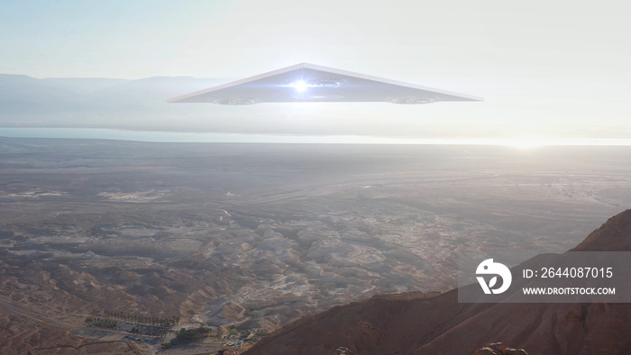 3d rendering, Large Triangle alien ufo over sea and desert mountains-Aerial