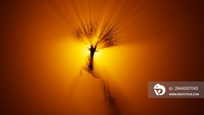 Silhouette of growing tree in a shape of a deer. Sun rays shining through the tree. Eco Concept.