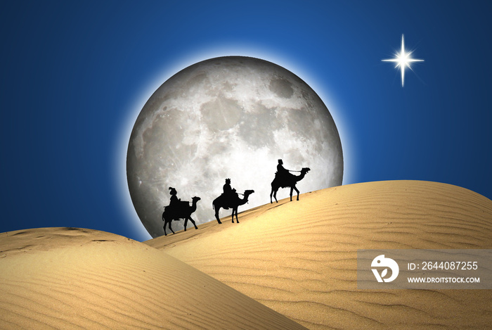 Reyes Magos, desierto con luna llena y estrella. Dunas, paisaje, ilustración.