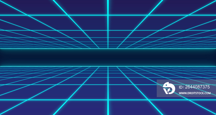 80s Retro Sci-Fi Background Futuristic Grid landscape. Digital cyber surface style of the 1980`s. 3D