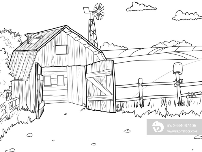 Agricultural yard, barn, field and wind farm. Children coloring book.