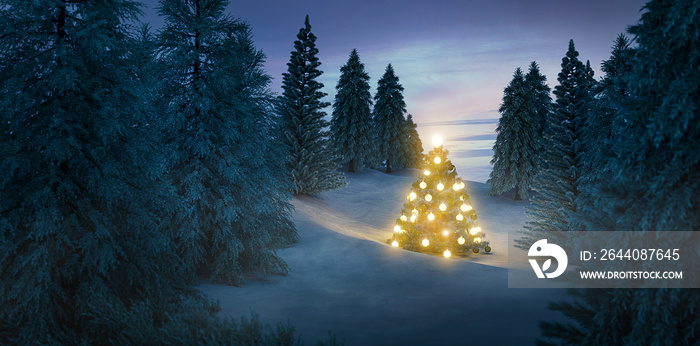 Beleuchteter Weihnachtsbaum allein im Wald bei Schnee