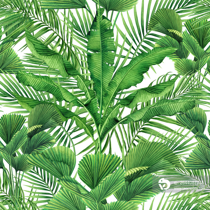 Watercolor painting coconut,banana,palm leaf,green leaves seamless pattern background.Watercolor han